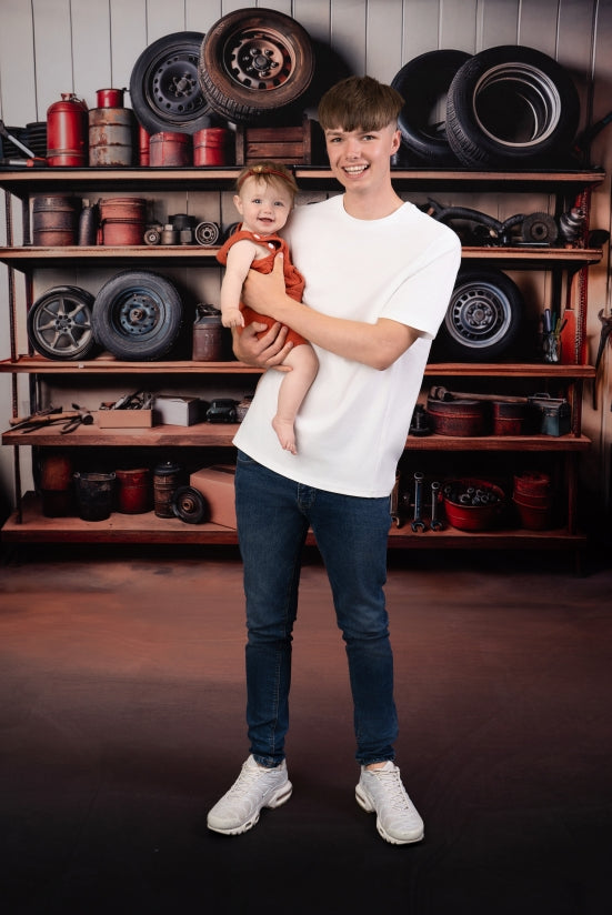 Kate Sweep Mechanic Garage Shelves Backdrop Mandy Ringe Photography
