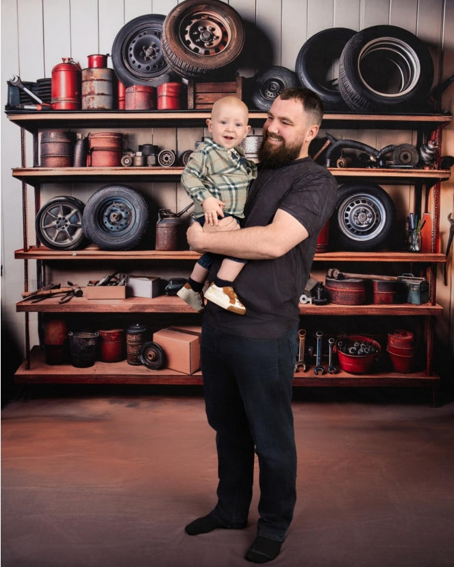 Kate Sweep Mechanic Garage Shelves Backdrop Mandy Ringe Photography