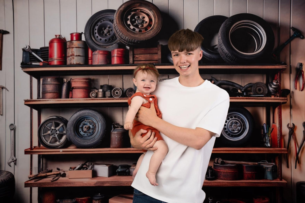 Kate Mechanic Garage Shelves Backdrop Designed by Mandy Ringe Photography