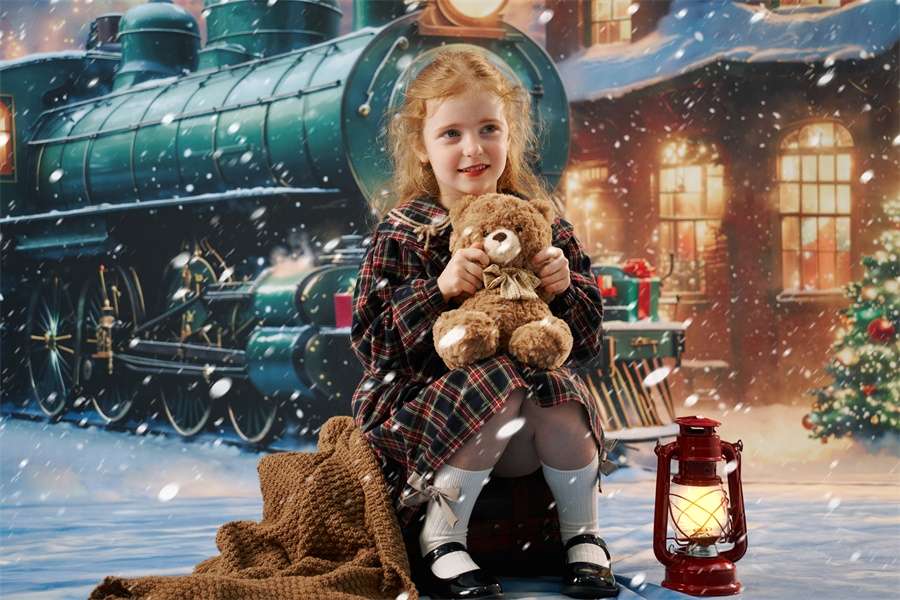 Kate Train Christmas Tree Snow Night Backdrop Designed by Chain - Kate Backdrop AU