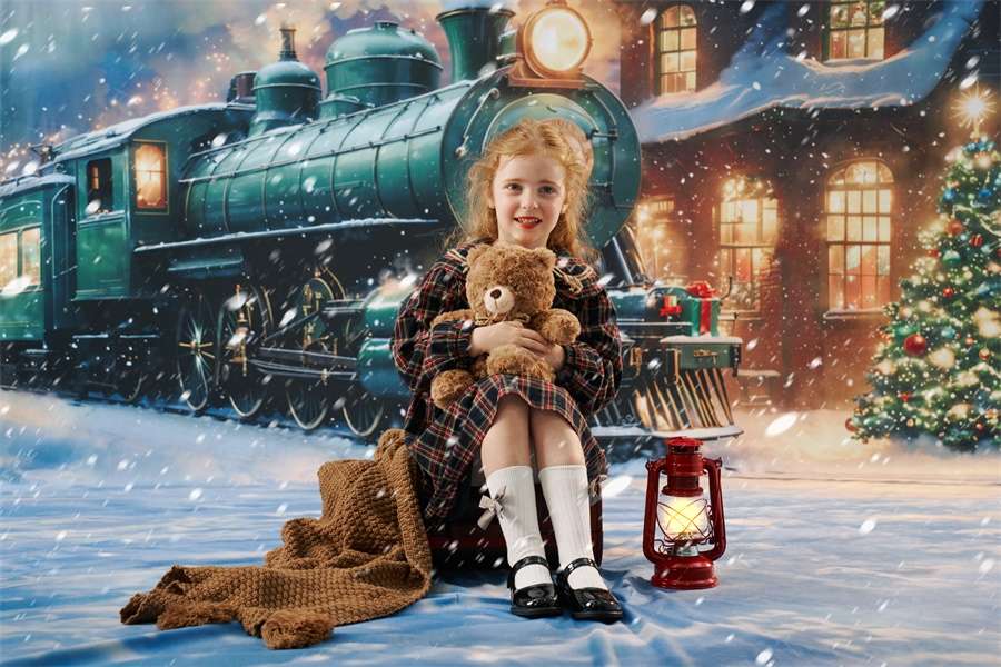 Kate Train Christmas Tree Snow Night Backdrop Designed by Chain - Kate Backdrop AU