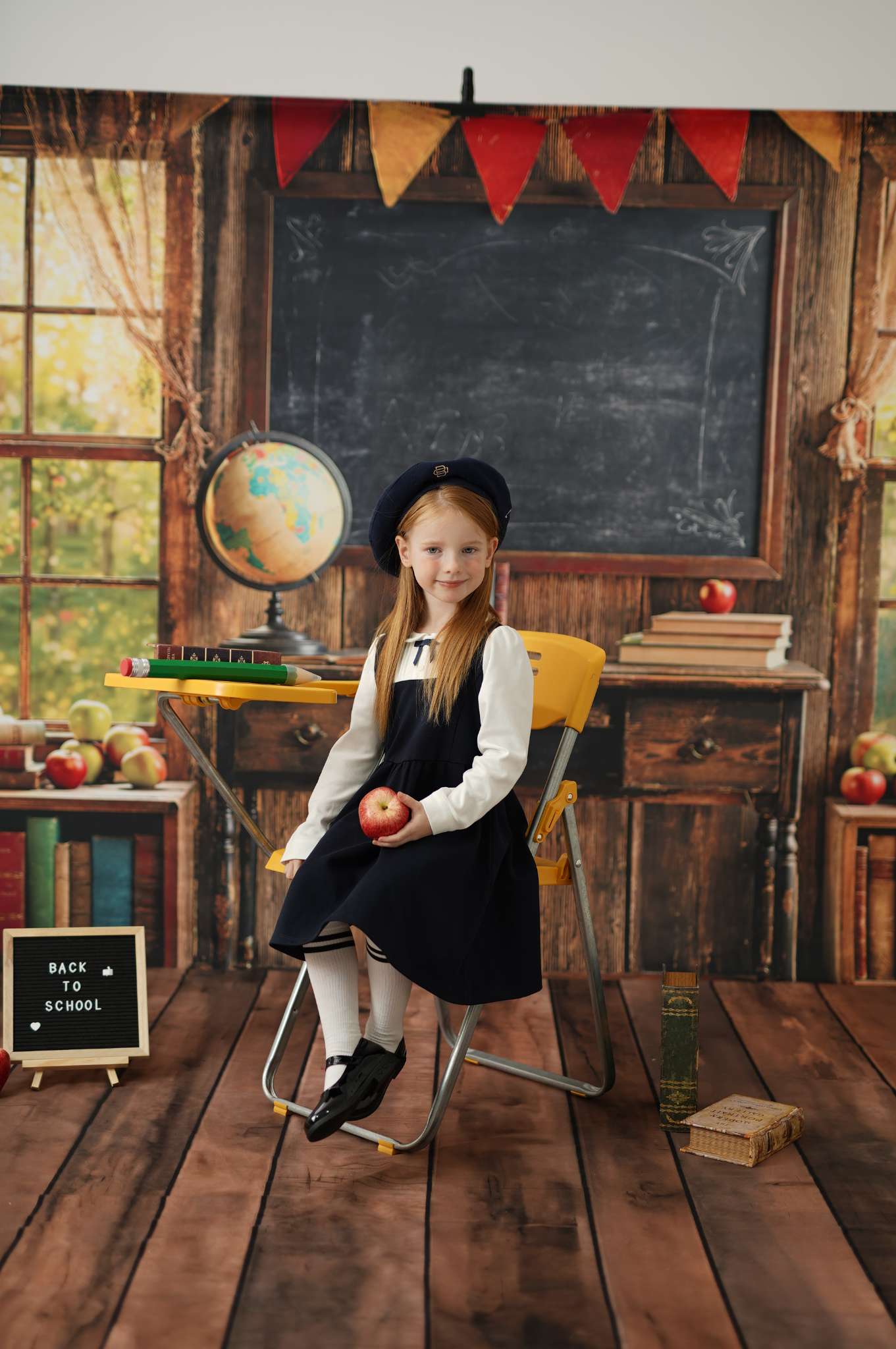 Kate Window Chalkboard Back to School Backdrop+Wood Floor Backdrop