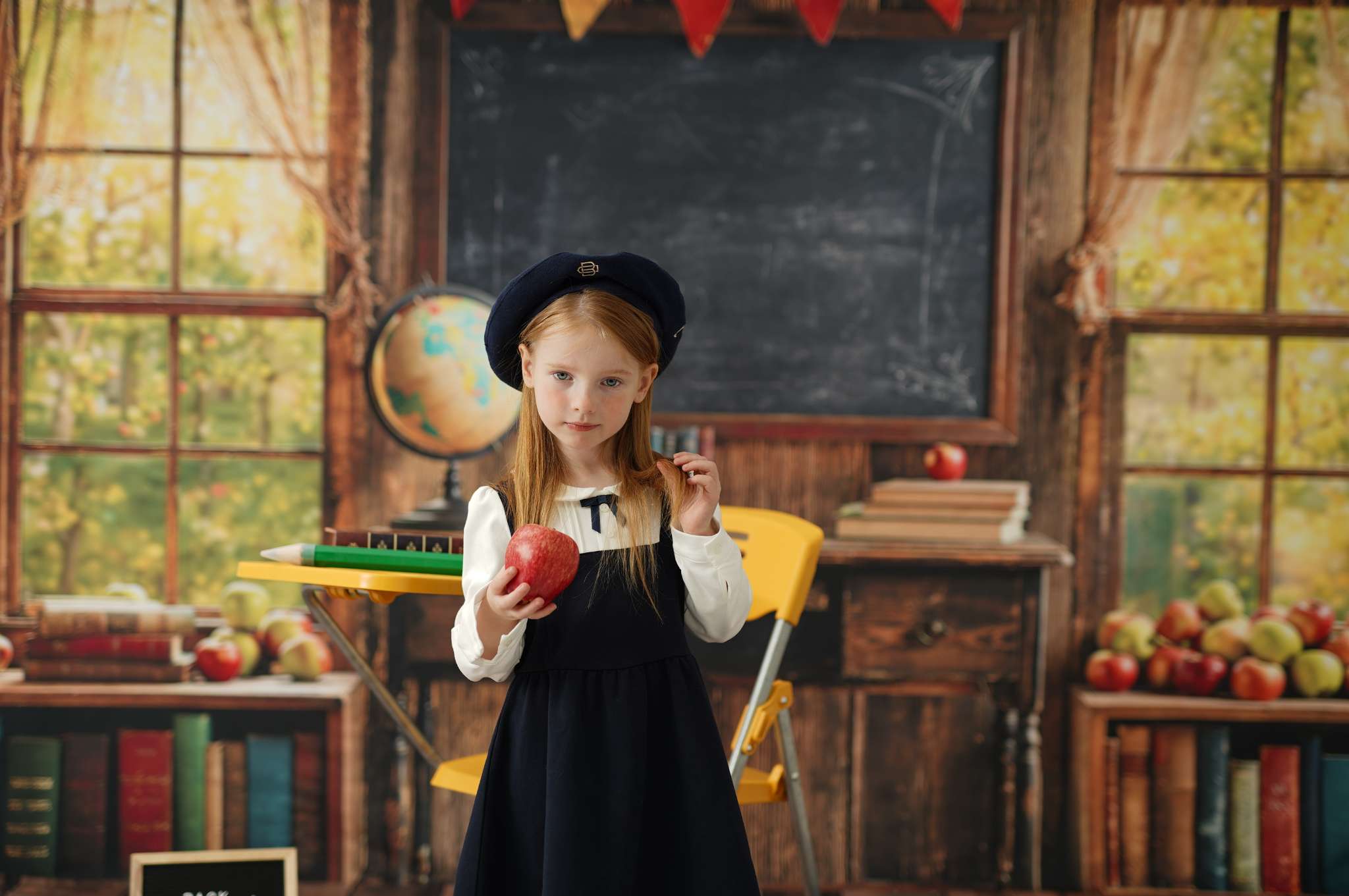 Kate Window Chalkboard Back to School Backdrop+Wood Floor Backdrop