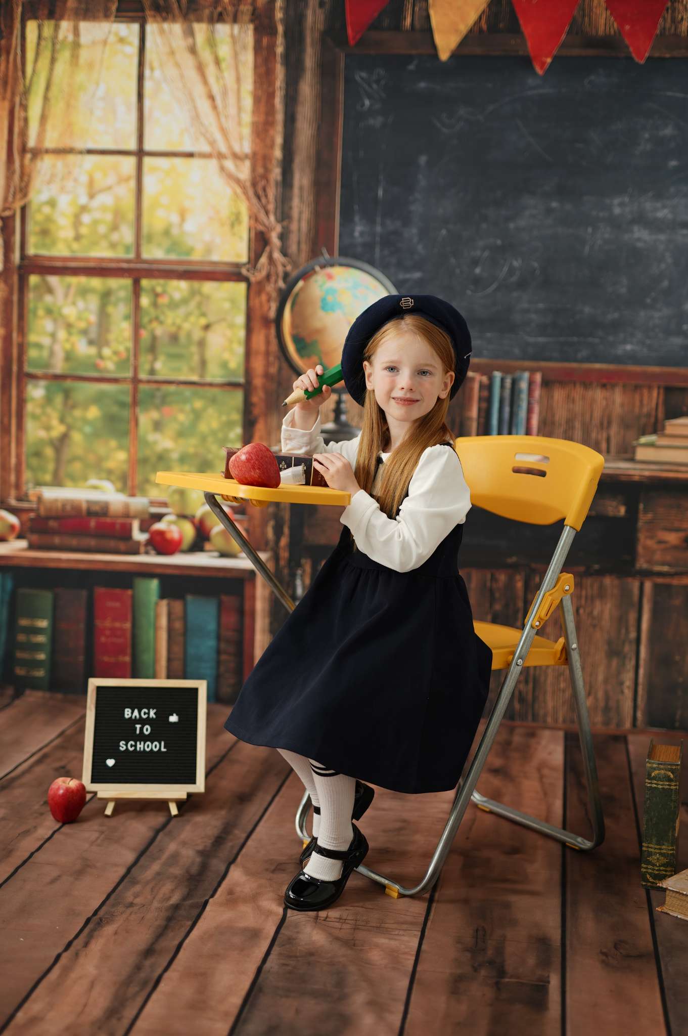 Kate Window Chalkboard Back to School Backdrop+Wood Floor Backdrop