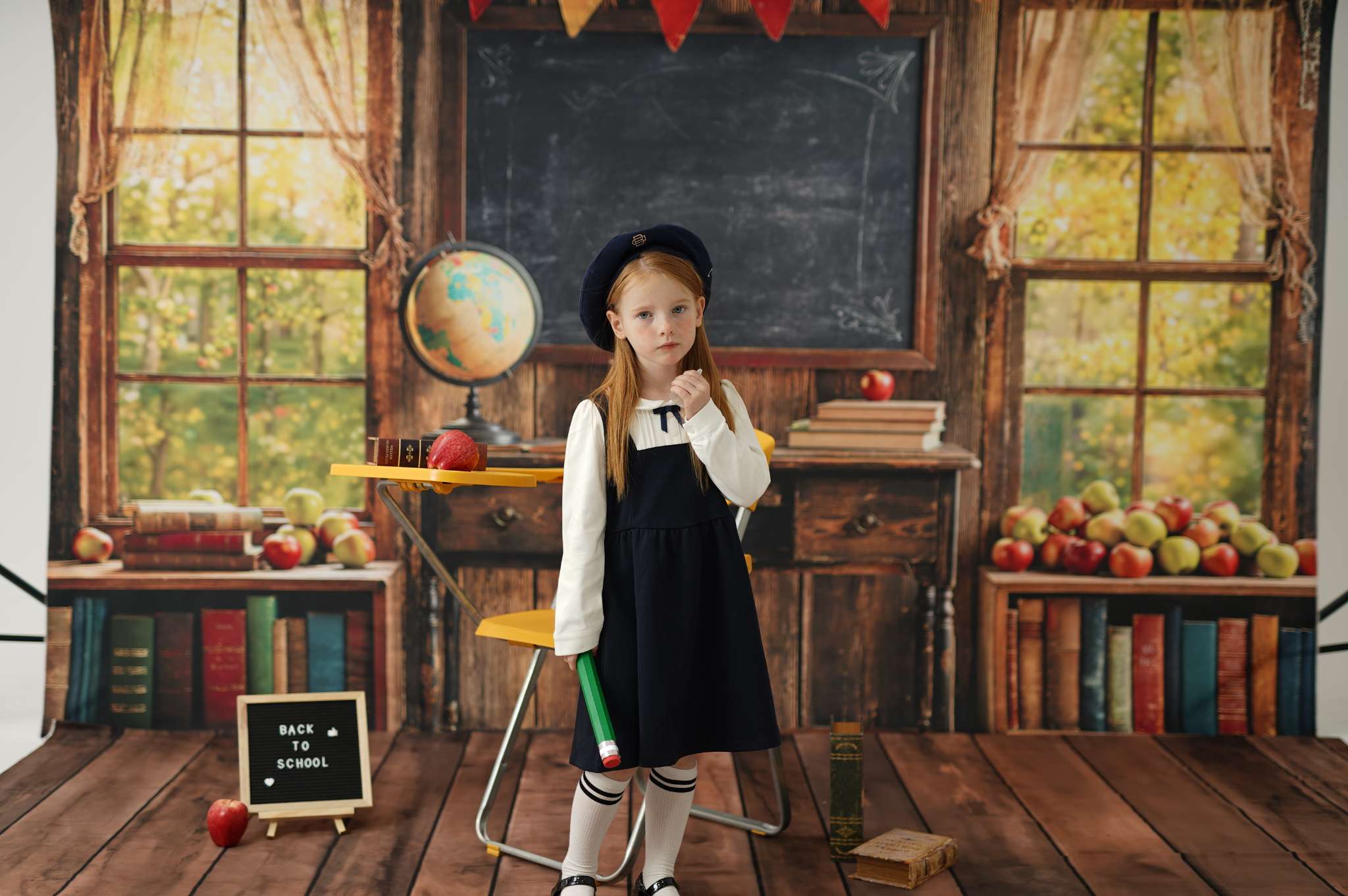 Kate Window Chalkboard Back to School Backdrop+Wood Floor Backdrop