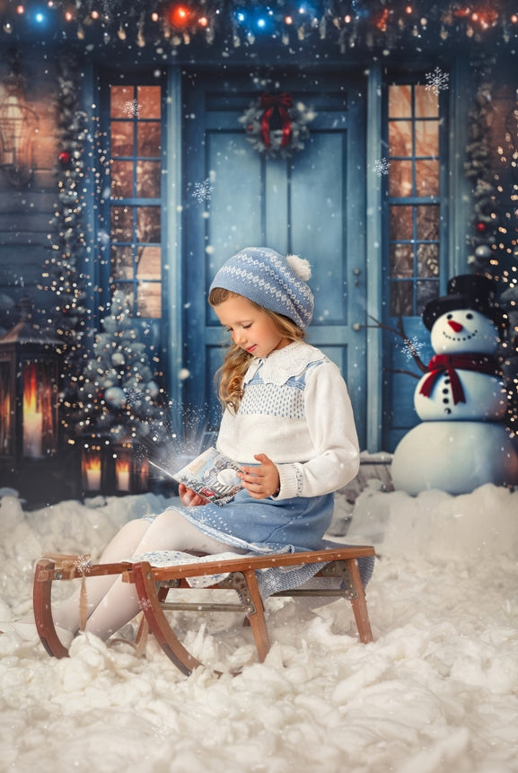 Kate Winter Snowy Blue Door Snowman Backdrop for Photography