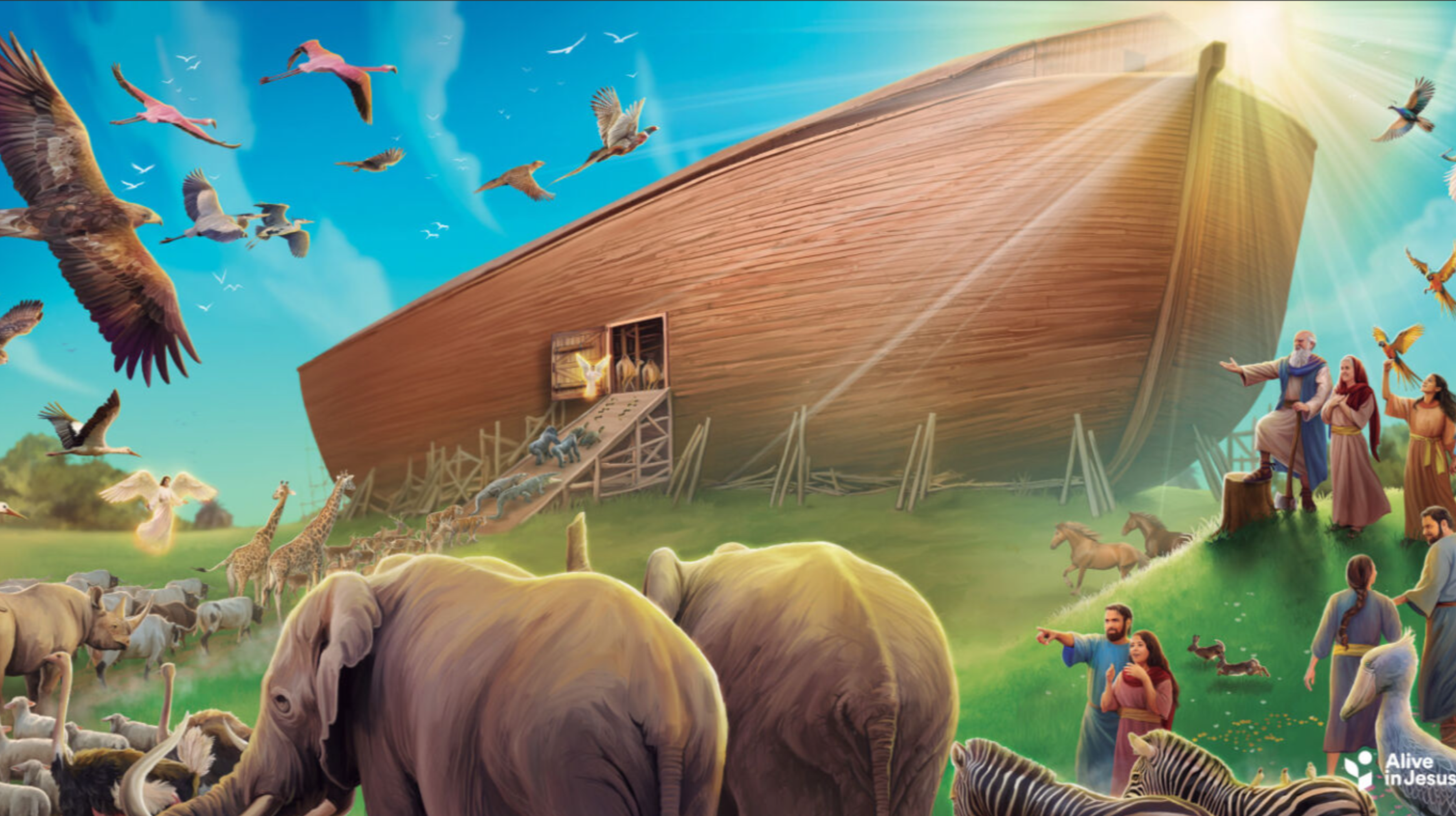 Illustration of Noah's Ark with animals and people on a grassy field.