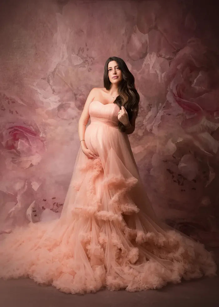 Kate Orange Pink One Shoulder Mesh Red Maternity Photoshoot Dress - Kate Backdrop AU