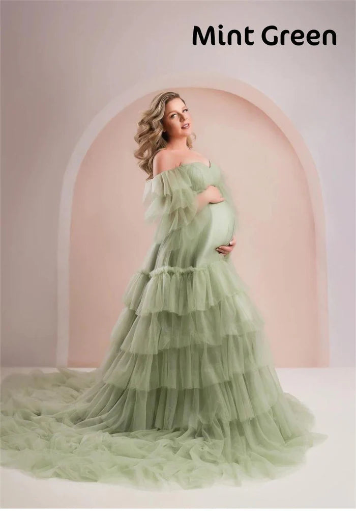 Kate One Shoulder Mesh Mint Green Maternity Photoshoot Dress - Kate Backdrop AU