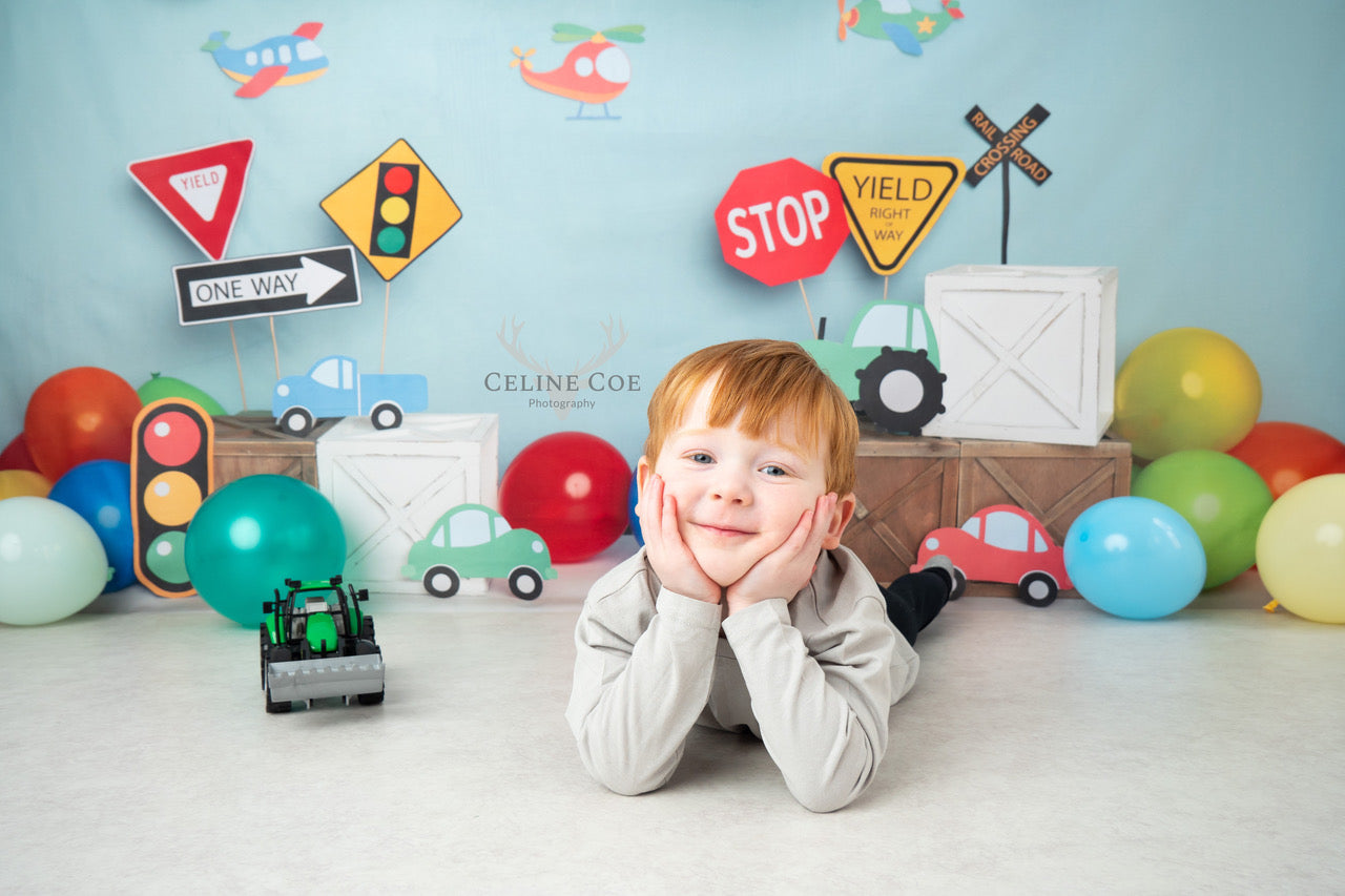 Kate Colorful Birthday Cars Trucks Airplanes Backdrop Designed by Melissa King - Kate Backdrop AU