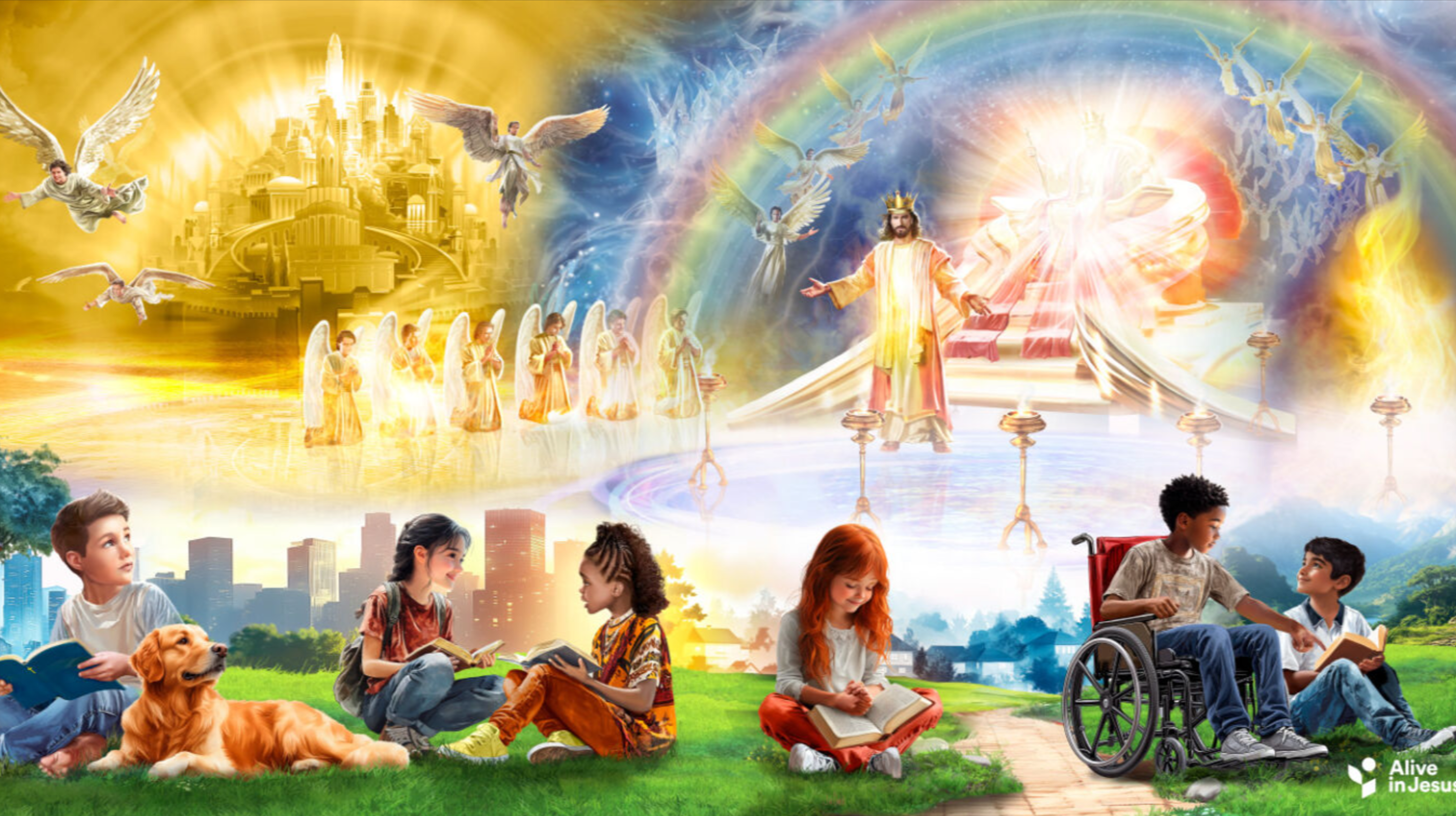 Collage of religious and inspirational scenes with children and animals.