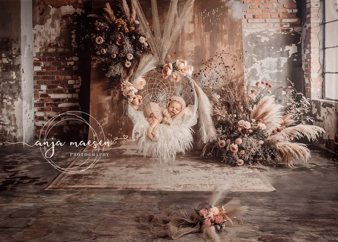 Kate Boho Dark Brown Backdrop Indoor Reed Floral Old Brick Wall Designed by Emetselch - Kate Backdrop AU