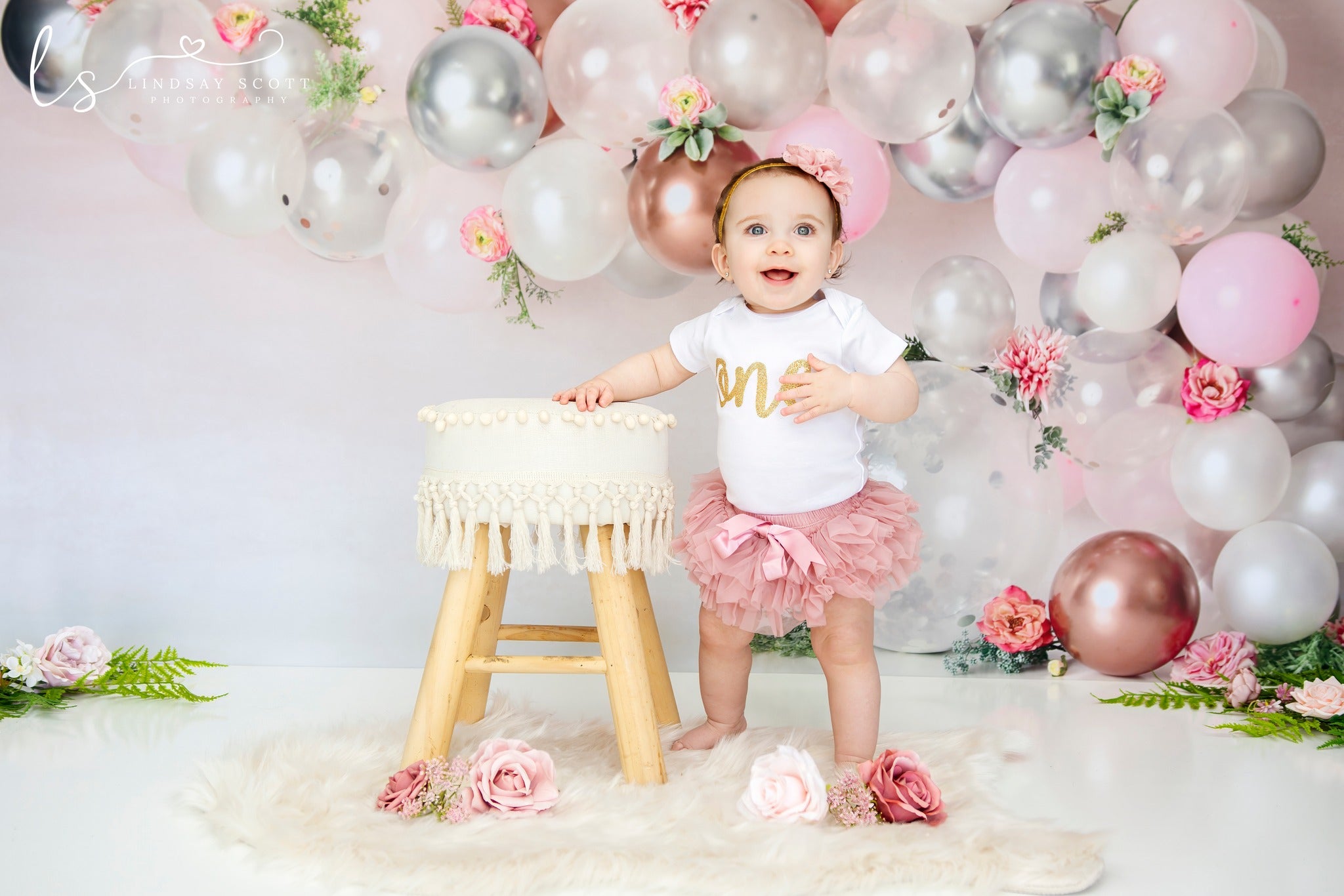 Kate Pink White and Rose Gold Floral Balloon Arch Backdrop Cake Smash Designed by Mandy Ringe Photography