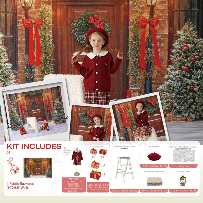 Kate Winter Christmas Tree Red Front Wooden Door Wreath Photo Kit - Kate Backdrop AU