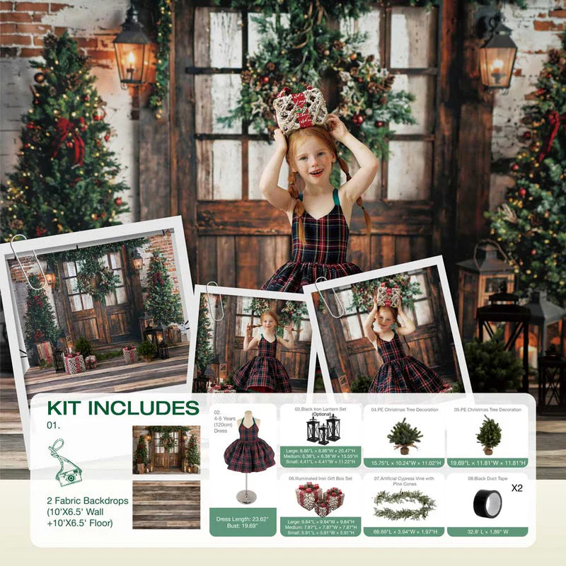 Kate Winter Christmas Tree Lantern Wooden Door Photo Kit - Kate Backdrop AU