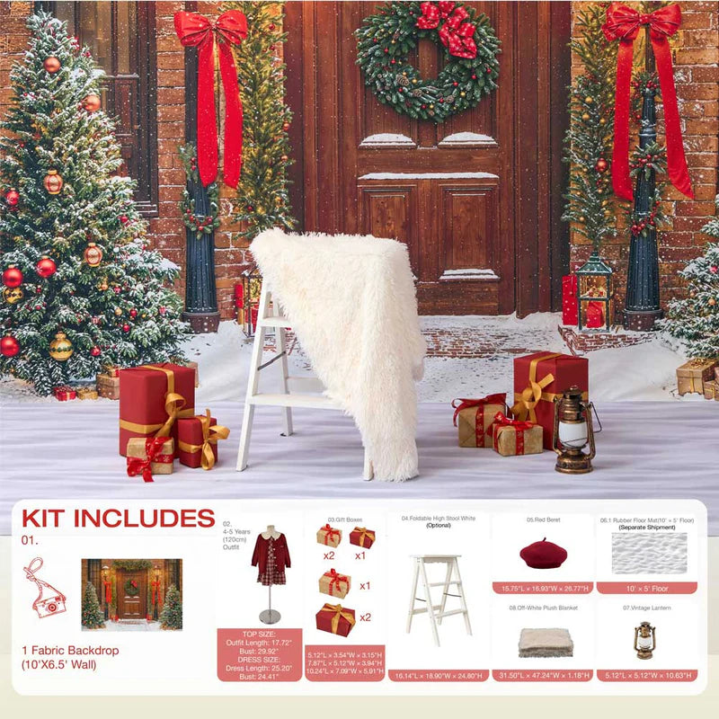 Kate Winter Christmas Tree Red Front Wooden Door Wreath Photo Kit - Kate Backdrop AU