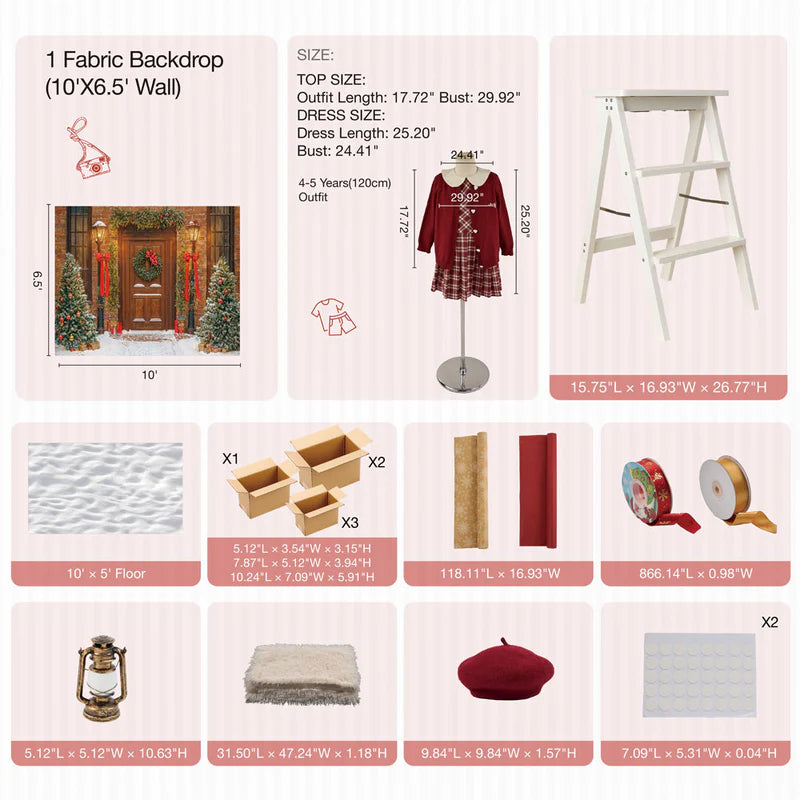 Kate Winter Christmas Tree Red Front Wooden Door Wreath Photo Kit - Kate Backdrop AU