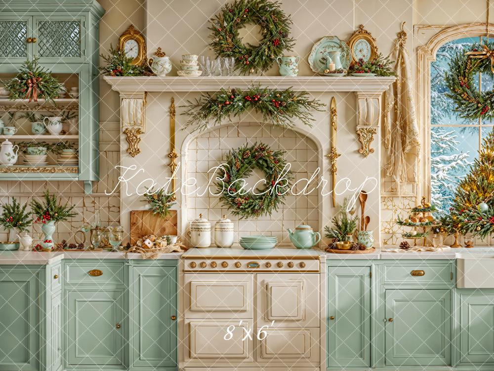 Kate Christmas Kitchen Green Cabinets Backdrop Designed by Emetselch - Kate Backdrop AU