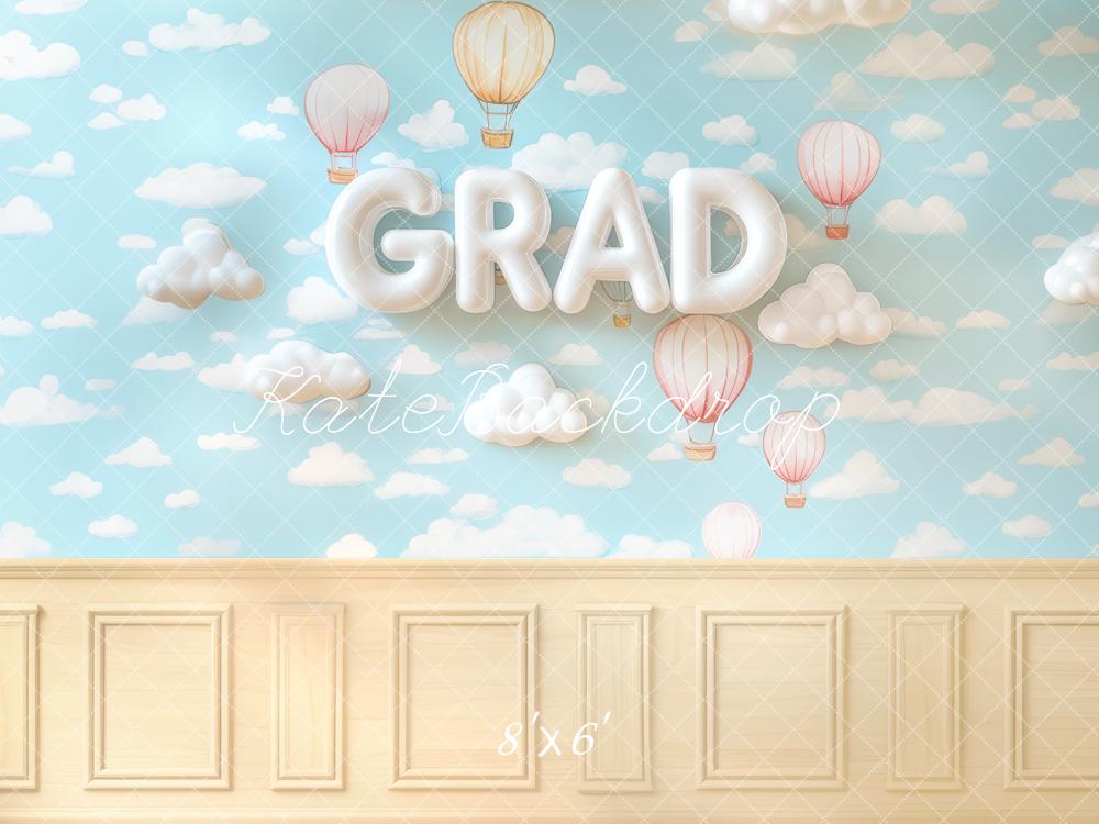 Kate Grad Hot Air Balloons Clouds Blue Backdrop Designed by Mini MakeBelieve