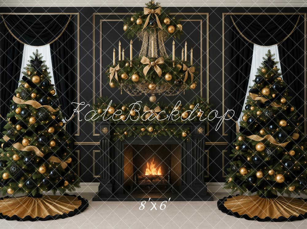 Kate Christmas Black Gold Trees Fireplace Backdrop Designed by Ashley Paul