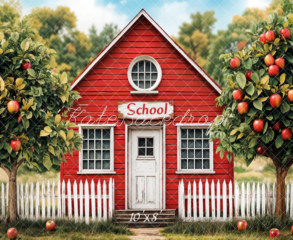 Kate Red Schoolhouse Apple Trees Fleece Backdrop Designed by Emetselch - Kate Backdrop AU