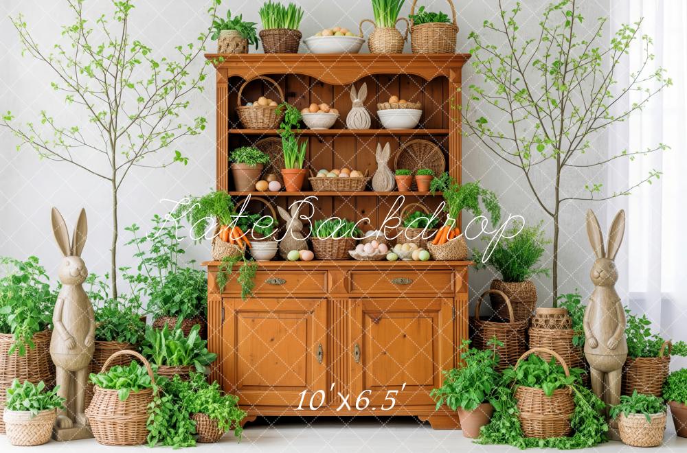 Kate Easter Bunny Cabinet Eggs Greenery Backdrop Designed by Patty Roberts