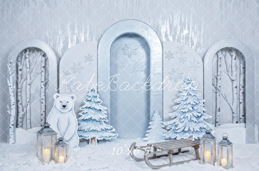 Kate Winter Polar Bear Sled Snowy Trees Backdrop Designed by Patty Roberts