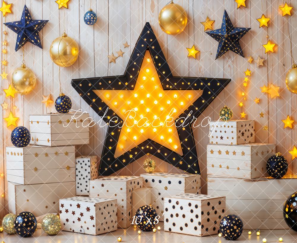 Kate Star Lights Gift Boxes Wooden Wall Fleece Backdrop Designed by Emetselch - Kate Backdrop AU