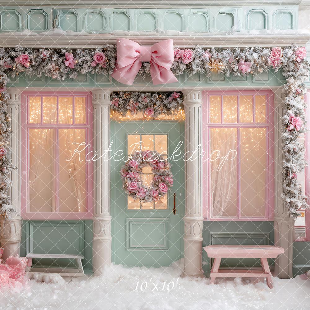 Kate Pink Christmas Shop Frosted Trees Backdrop Designed by Ashley Paul