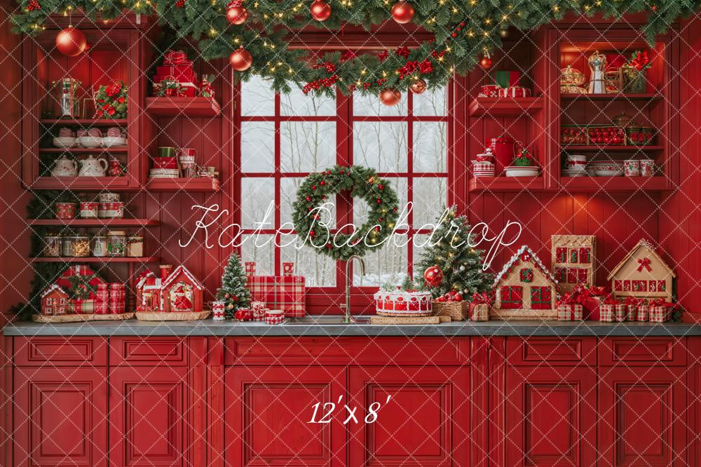 Kate Christmas Red Kitchen Garland Window Fleece Backdrop Designed by Emetselch