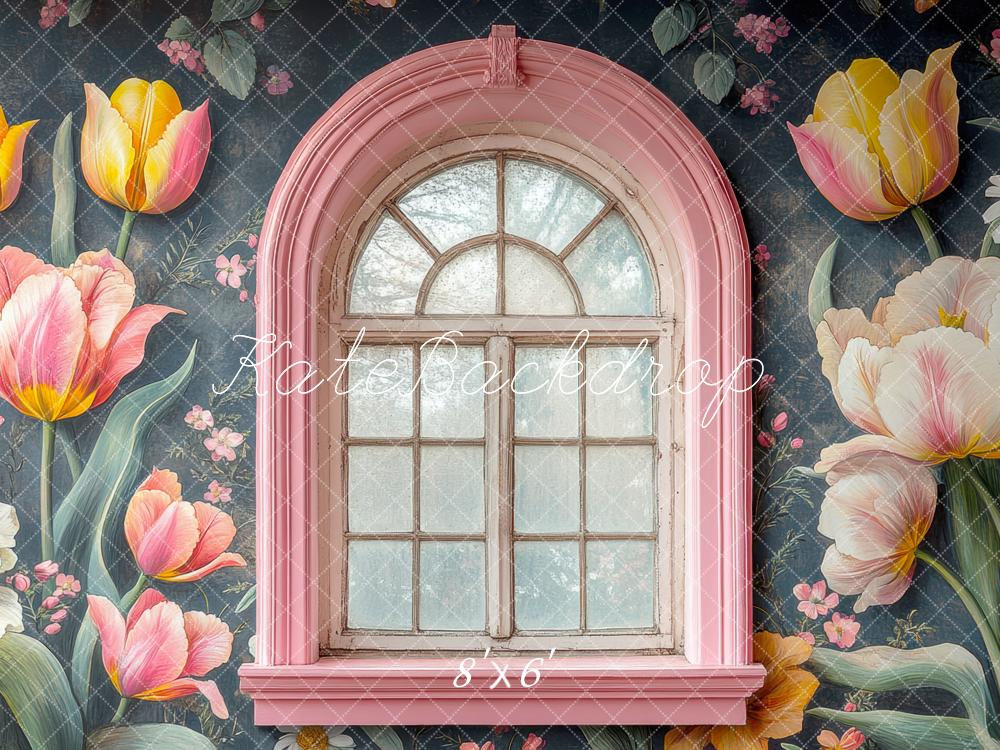 Kate Pink Arch Window Tulip Flowers Backdrop Designed by Mini MakeBelieve - Kate Backdrop AU