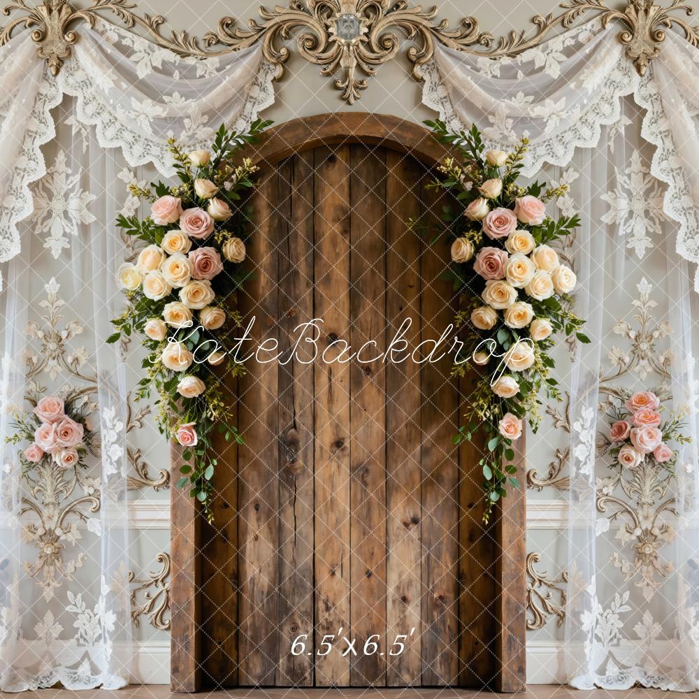Kate Flower Arch Wooden Door Lace Drapes Backdrop Designed by Mini MakeBelieve