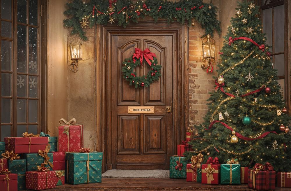 Kate Christmas Tree Presents Wooden Door Backdrop Designed by GQ - Kate Backdrop AU