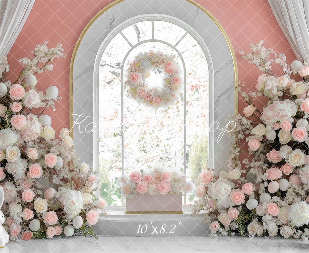 Kate Spring Bunny Pink Floral Arch Window Backdrop Designed by Mini MakeBelieve - Kate Backdrop AU