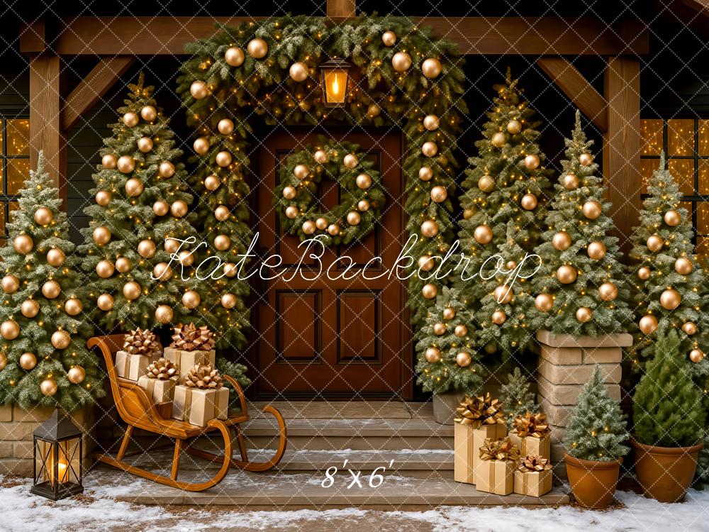 Kate Christmas Porch Trees Presents Sled Backdrop Designed by Mini MakeBelieve - Kate Backdrop AU