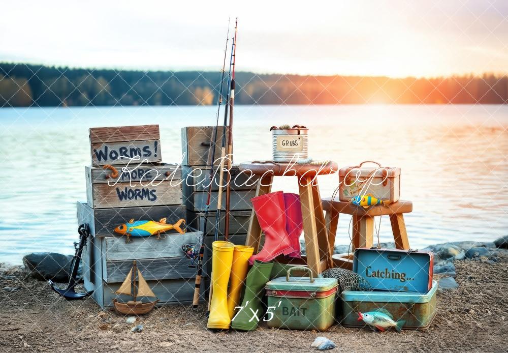 Kate Fishing Rod Boots Crates Lake Backdrop Designed by Laura Bybee - Kate Backdrop AU