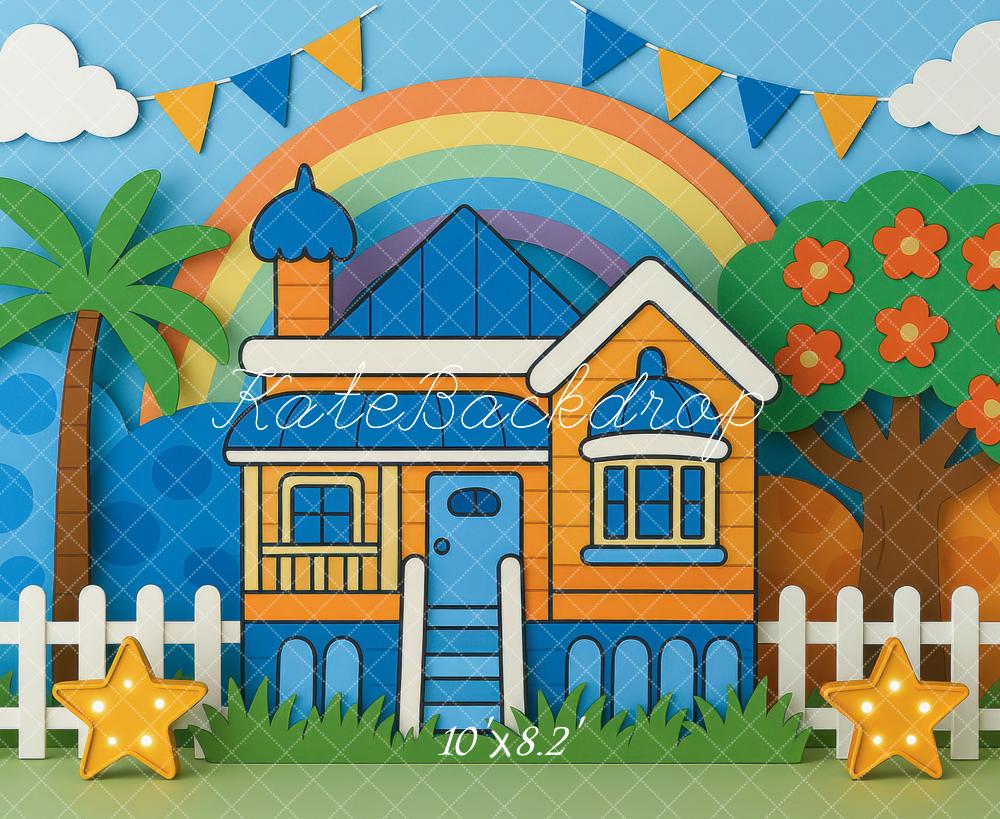 Kate Cartoon House Rainbow Garden Backdrop Designed by Mini MakeBelieve
