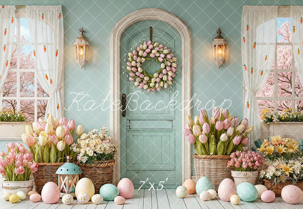 Kate Easter Eggs Tulips Wreath Pastel Backdrop Designed by Emetselch