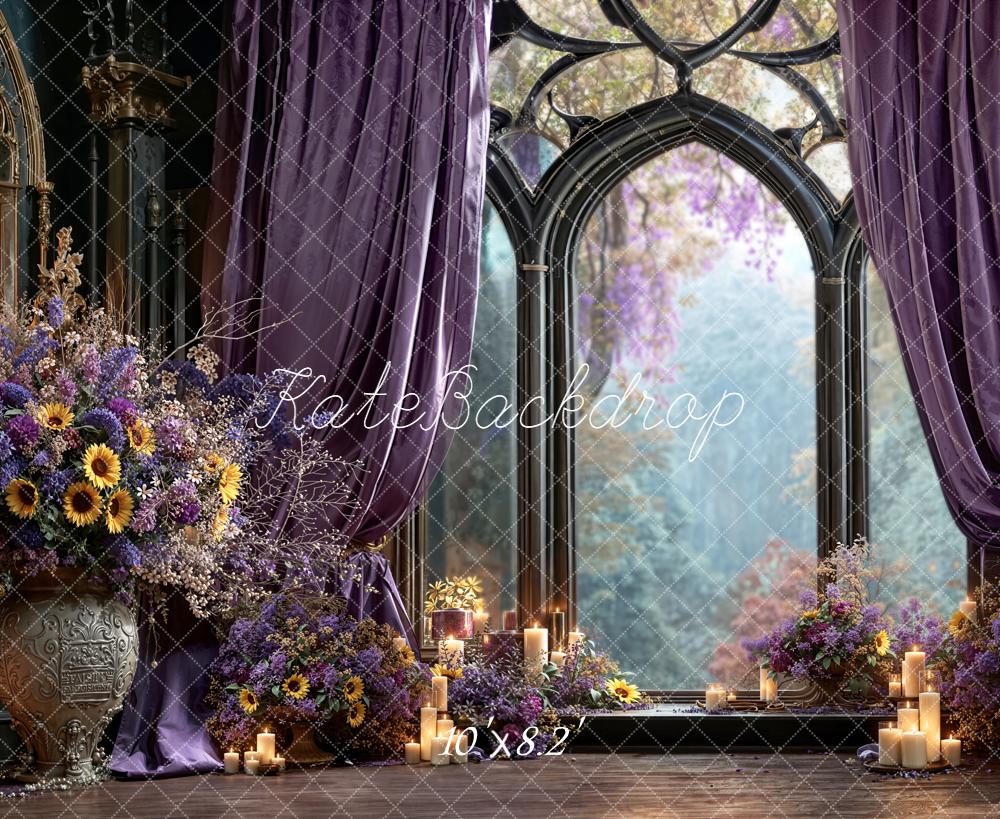 Kate Gothic Window Purple Flowers Candles Backdrop Designed by Emetselch