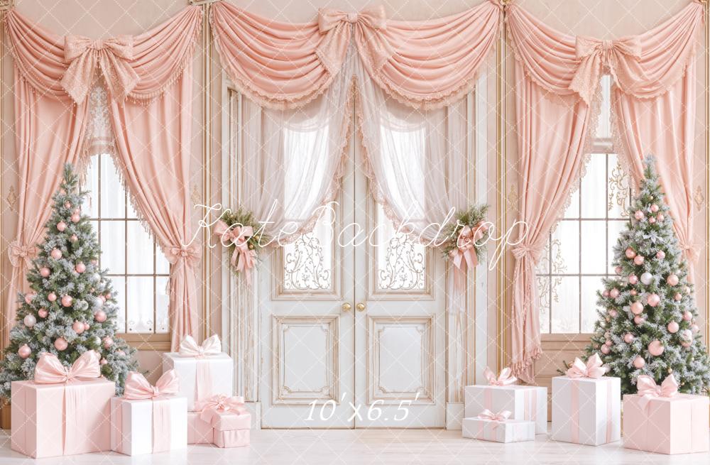 Kate Christmas Pink Curtains Presents Trees Backdrop Designed by Emetselch - Kate Backdrop AU