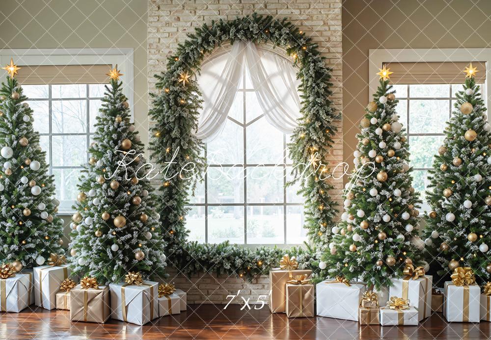 Kate Christmas Trees Garland Window Presents Backdrop Designed by Mini MakeBelieve