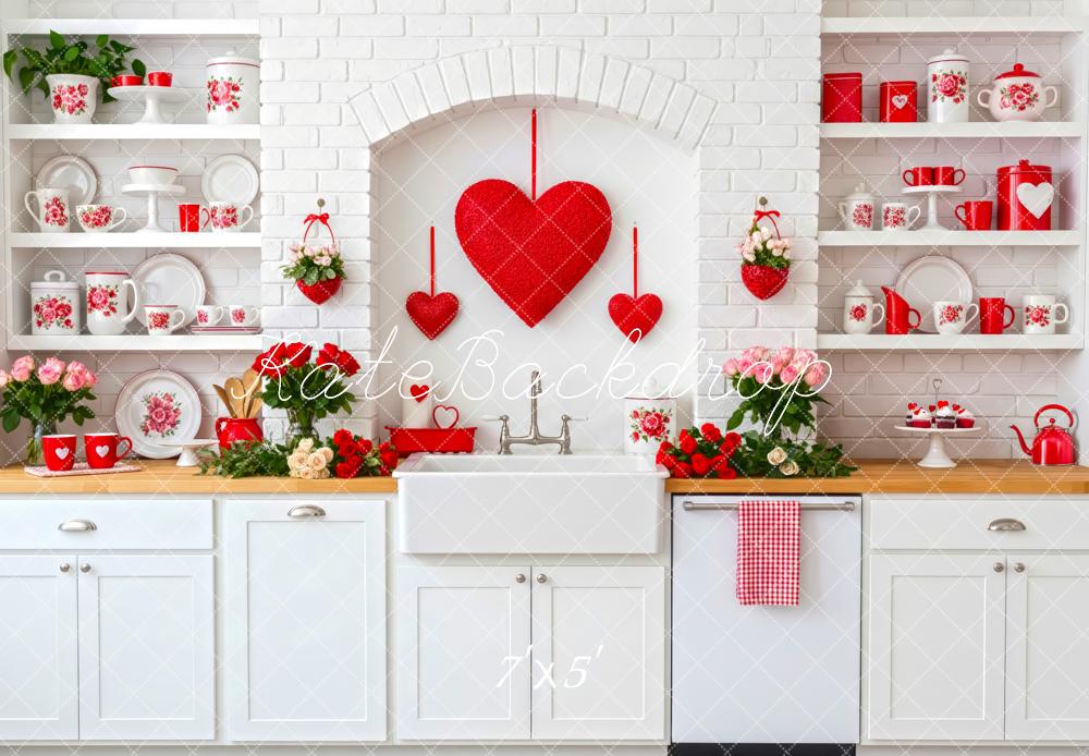 Kate Valentine Kitchen Red Hearts Backdrop Designed by Patty Roberts
