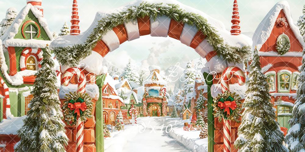 Kate Christmas Candy Cane Arch Snowy Village Backdrop Designed by Chain