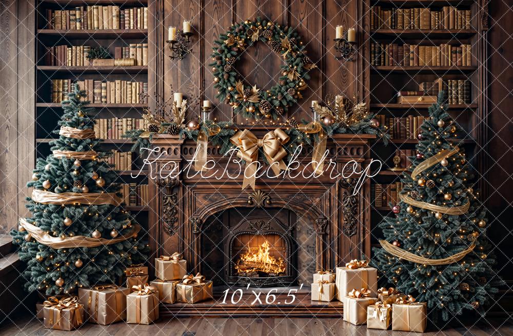 Kate Christmas Fireplace Bookshelves Trees Backdrop Designed by Emetselch - Kate Backdrop AU