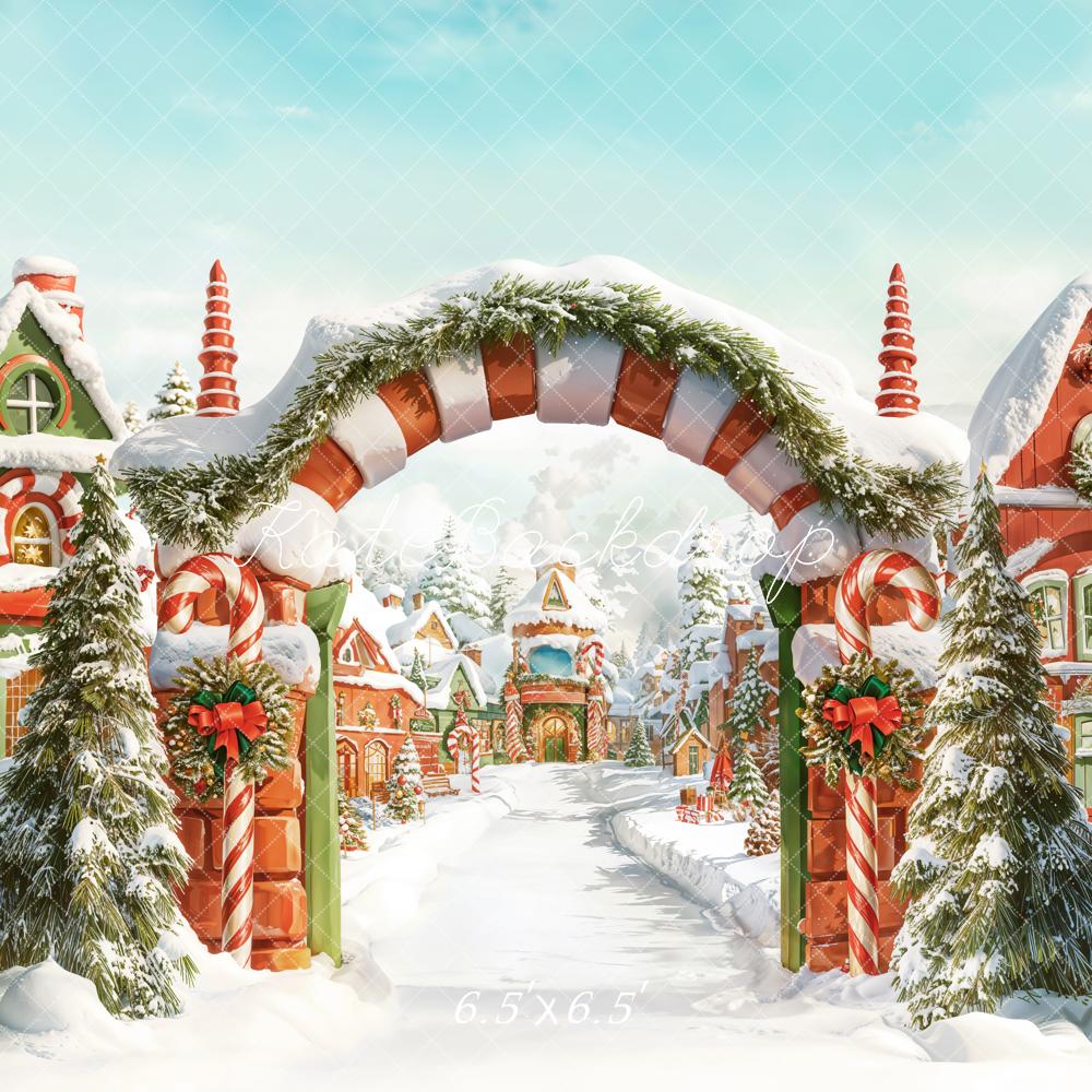 Kate Christmas Candy Cane Arch Snowy Village Backdrop Designed by Chain