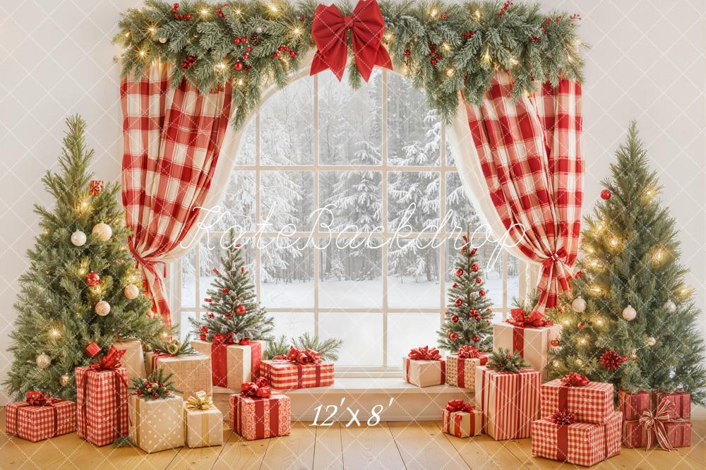 Kate Christmas Plaid Curtains Presents Trees Backdrop Designed by Emetselch