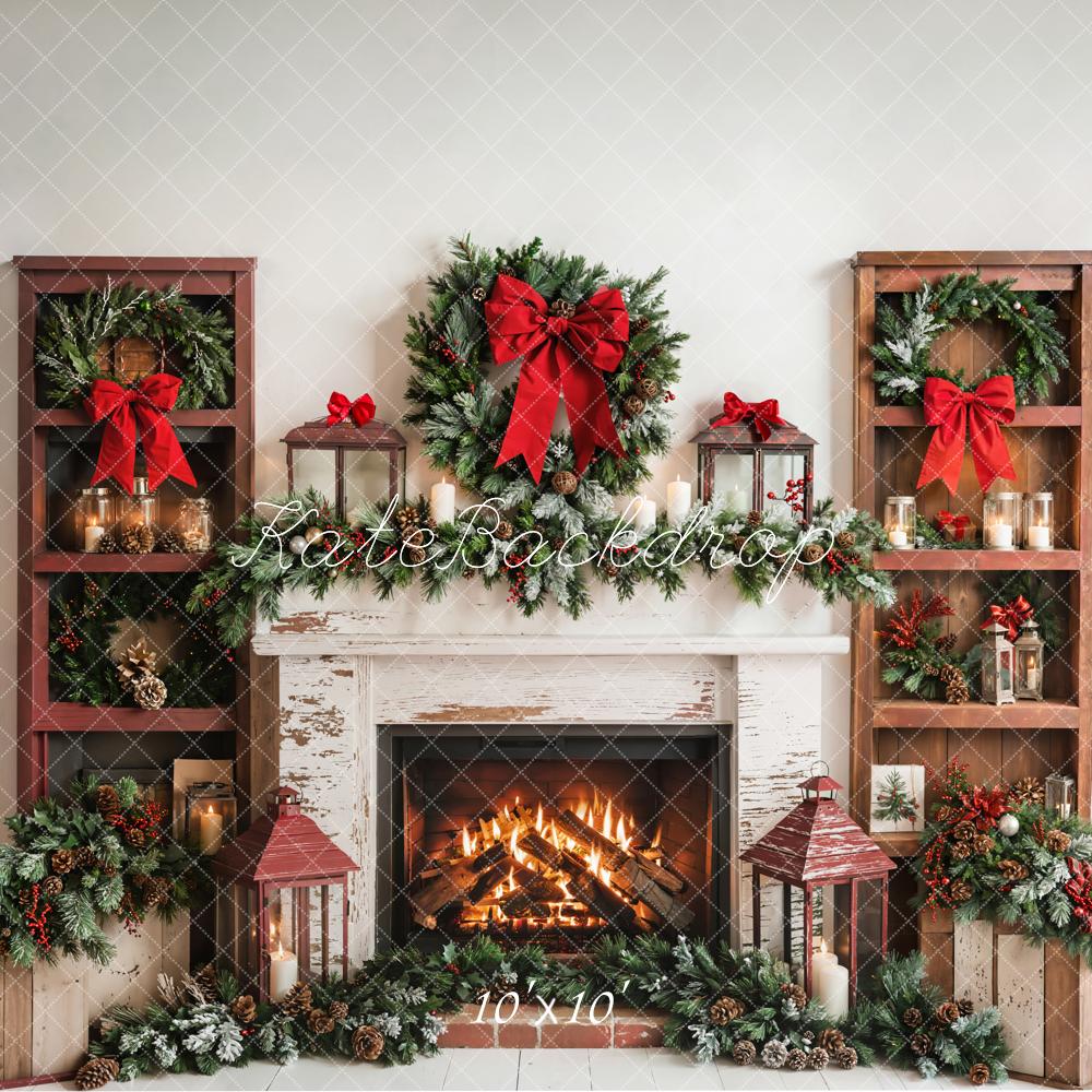 Kate Christmas Retro Fireplace Bow Backdrop Designed by Emetselch - Kate Backdrop AU