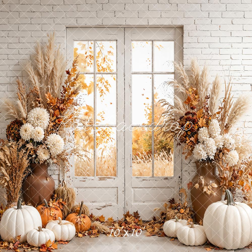 Kate Fall Pumpkins Dried Flowers White Brick Backdrop Designed by Emetselch