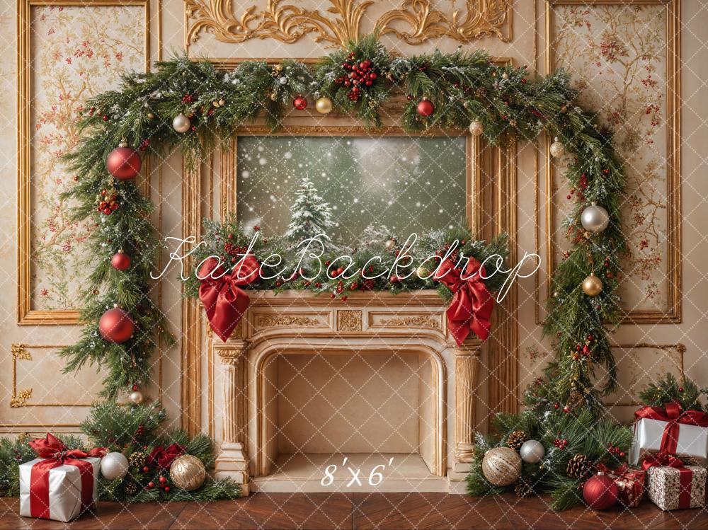 Kate Christmas Fireplace Garland Ornaments Backdrop Designed by Emetselch - Kate Backdrop AU