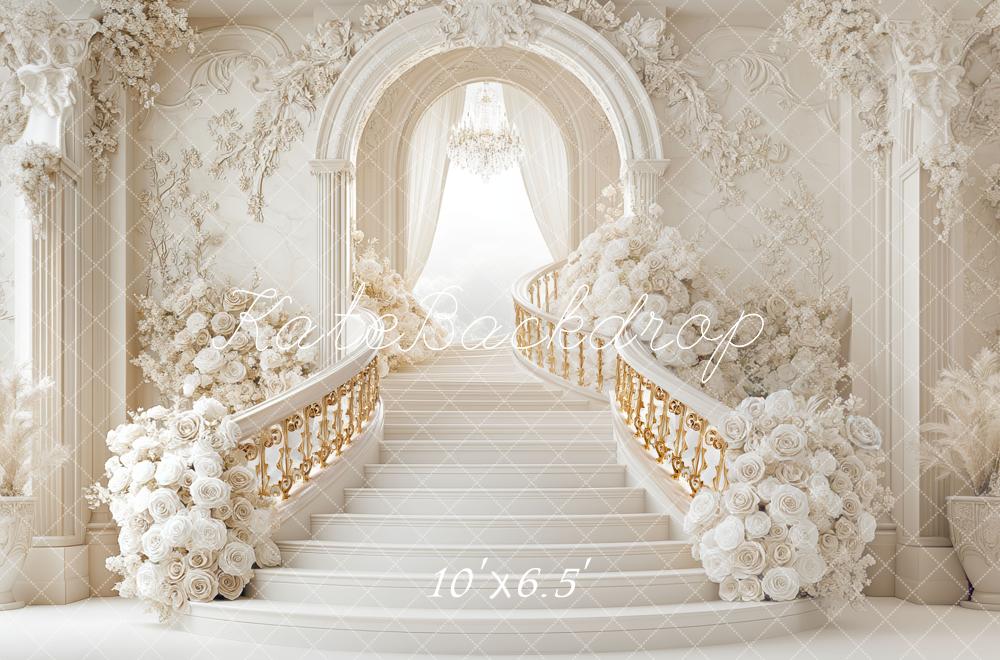 Kate Cascading Stairs Floral Arch White Backdrop Designed by Mini MakeBelieve - Kate Backdrop AU